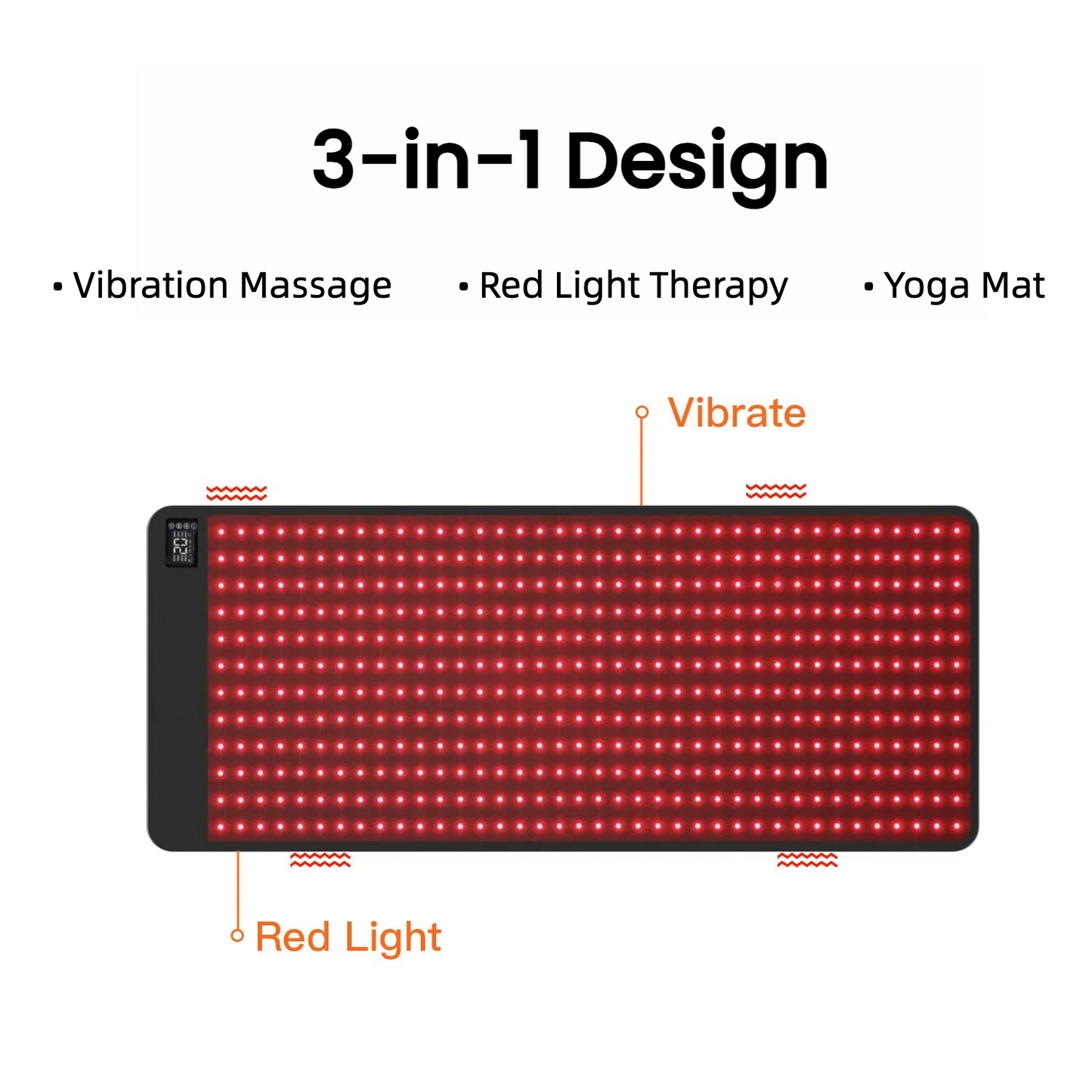 Red light therapy mat with vibration massage and yoga mat functions on a white background