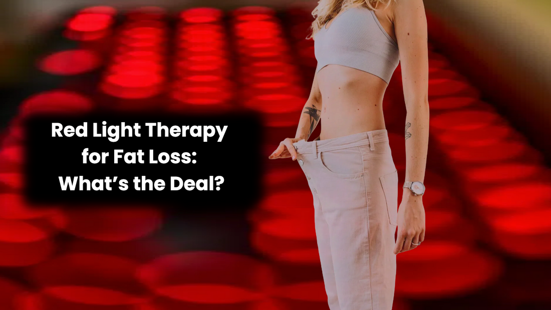 Woman showing off weight loss progress with red light therapy in the background, highlighting its potential for fat loss and body contouring.