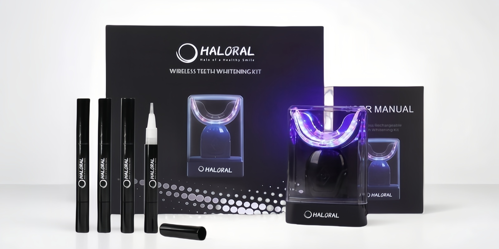 Haloral Halo Pro Teeth Whitening Kit featuring advanced LED light technology and PAP+ formula for safe, effective whitening.