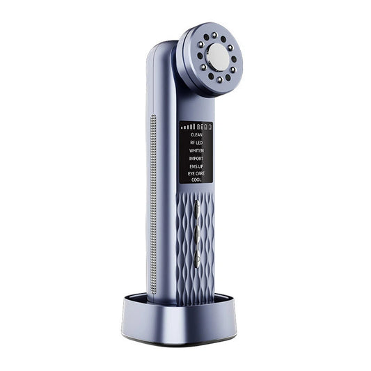 Silver handheld device with control panel on a white background