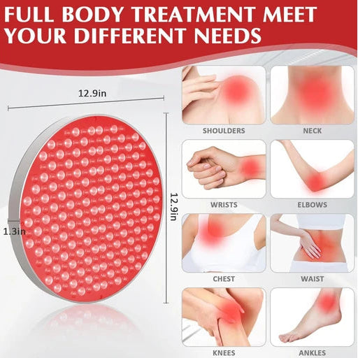Product packaging with Haloral Red Light Therapy Panel and images of body parts indicating areas for treatment.