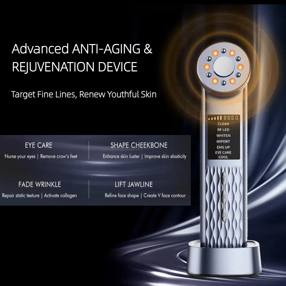 Advanced anti-aging and rejuvenation device with features listed on a dark background