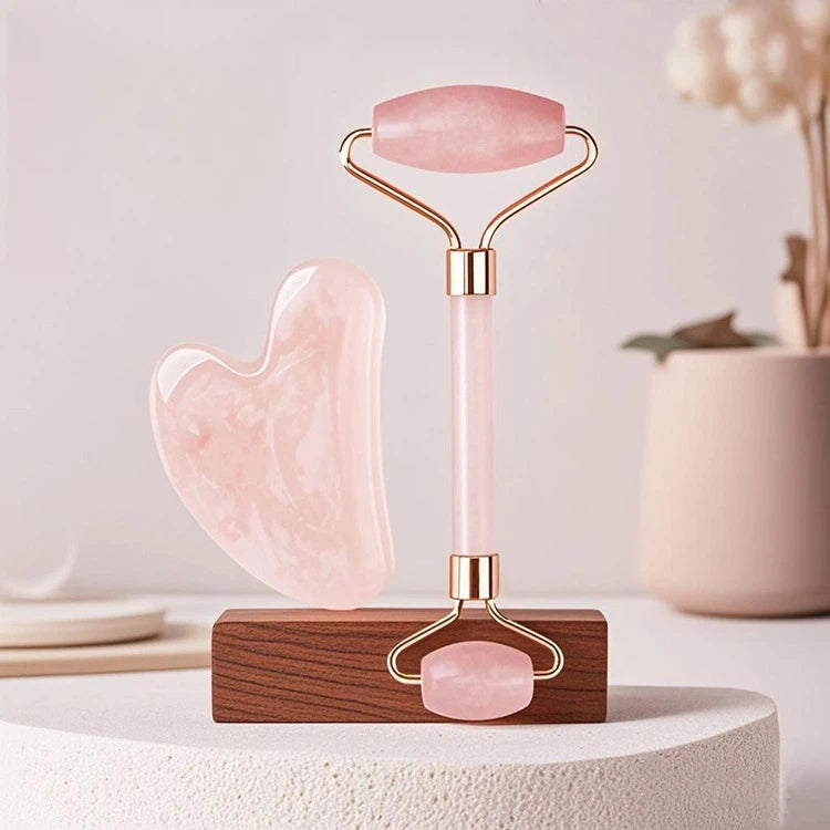 Haloral Rose Quartz Facial Roller & Gua Sha Set