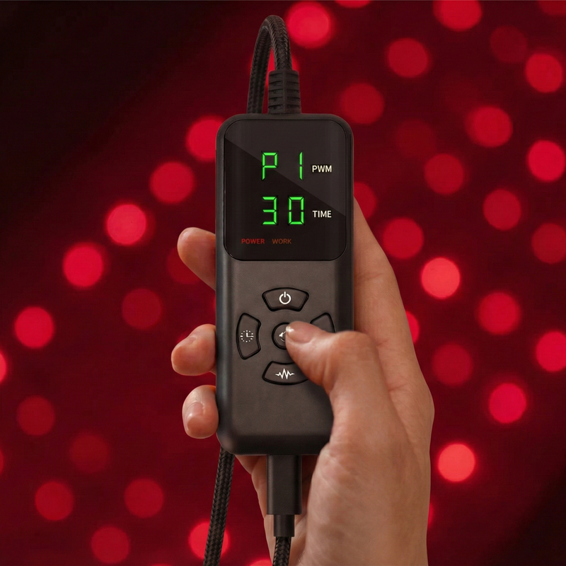 Hand holding a digital remote control with a red light mat background