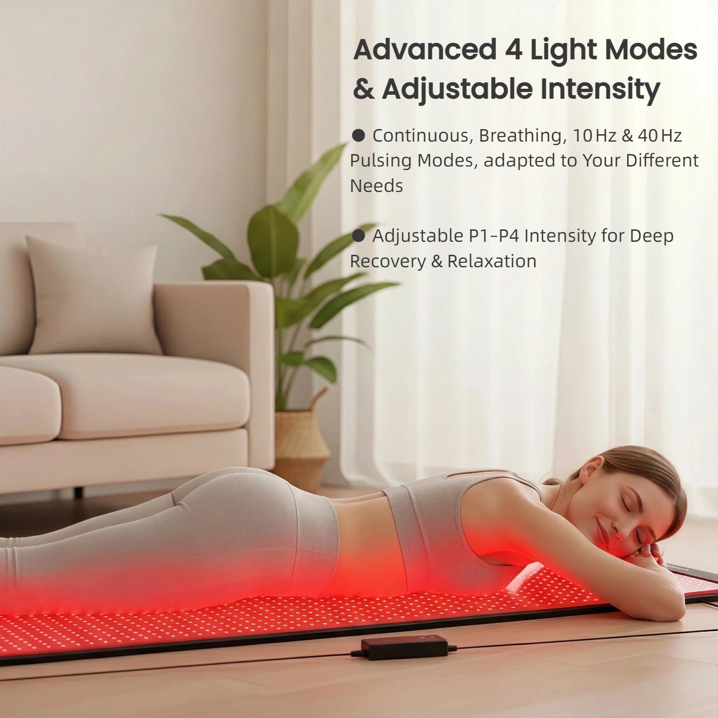 Woman relaxing on Haloral mat; highlighting advanced features like 10Hz and 40Hz pulsing modes and adjustable intensity for deep recovery.