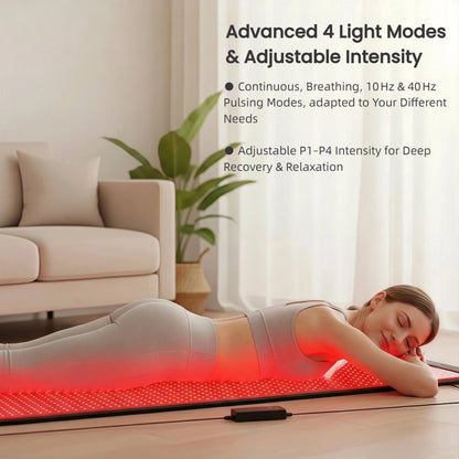 Woman relaxing on Haloral mat; highlighting advanced features like 10Hz and 40Hz pulsing modes and adjustable intensity for deep recovery.