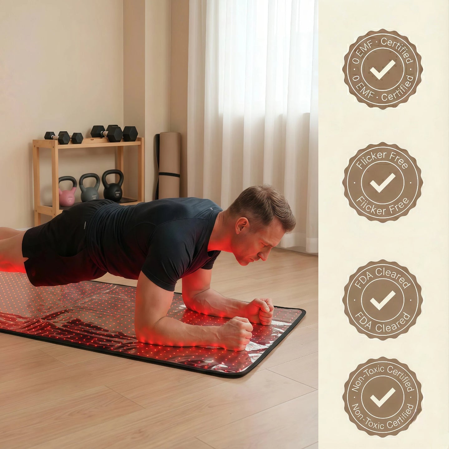 Man using Haloral red light therapy mat for post-workout recovery; highlighting FDA clearance, Zero EMF, and flicker-free certifications.