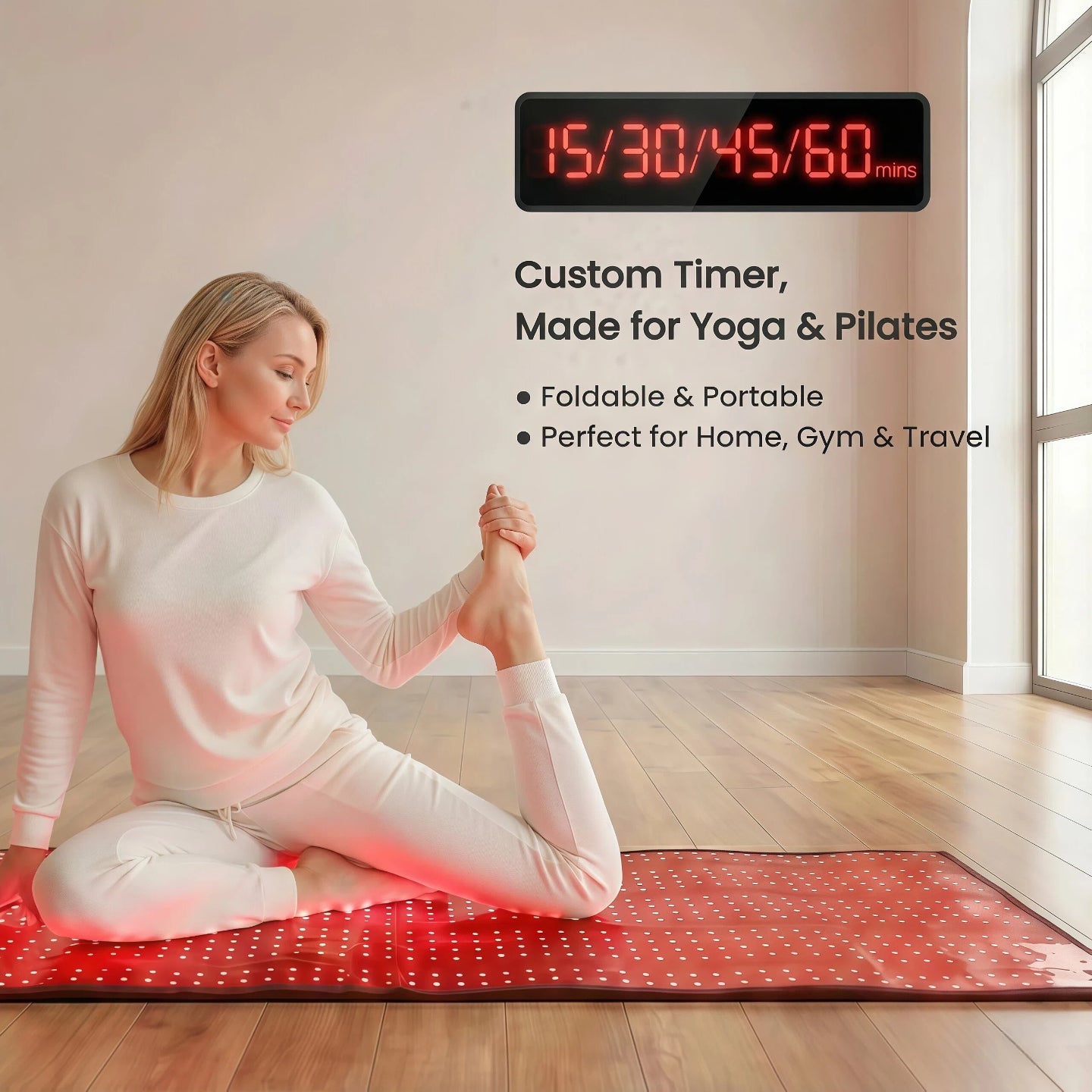 Woman performing yoga stretches on a foldable red light therapy mat, featuring a custom timer perfect for home gym and travel use.