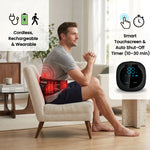 Man wearing cordless and rechargeable Haloral red light therapy belt featuring smart touchscreen control panel