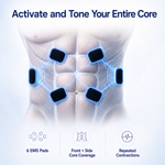 Illustration of the Haloral EMS Ab Toning Belt with 6 electrode pads positioned across the front and sides of the abdomen for targeted core muscle activation