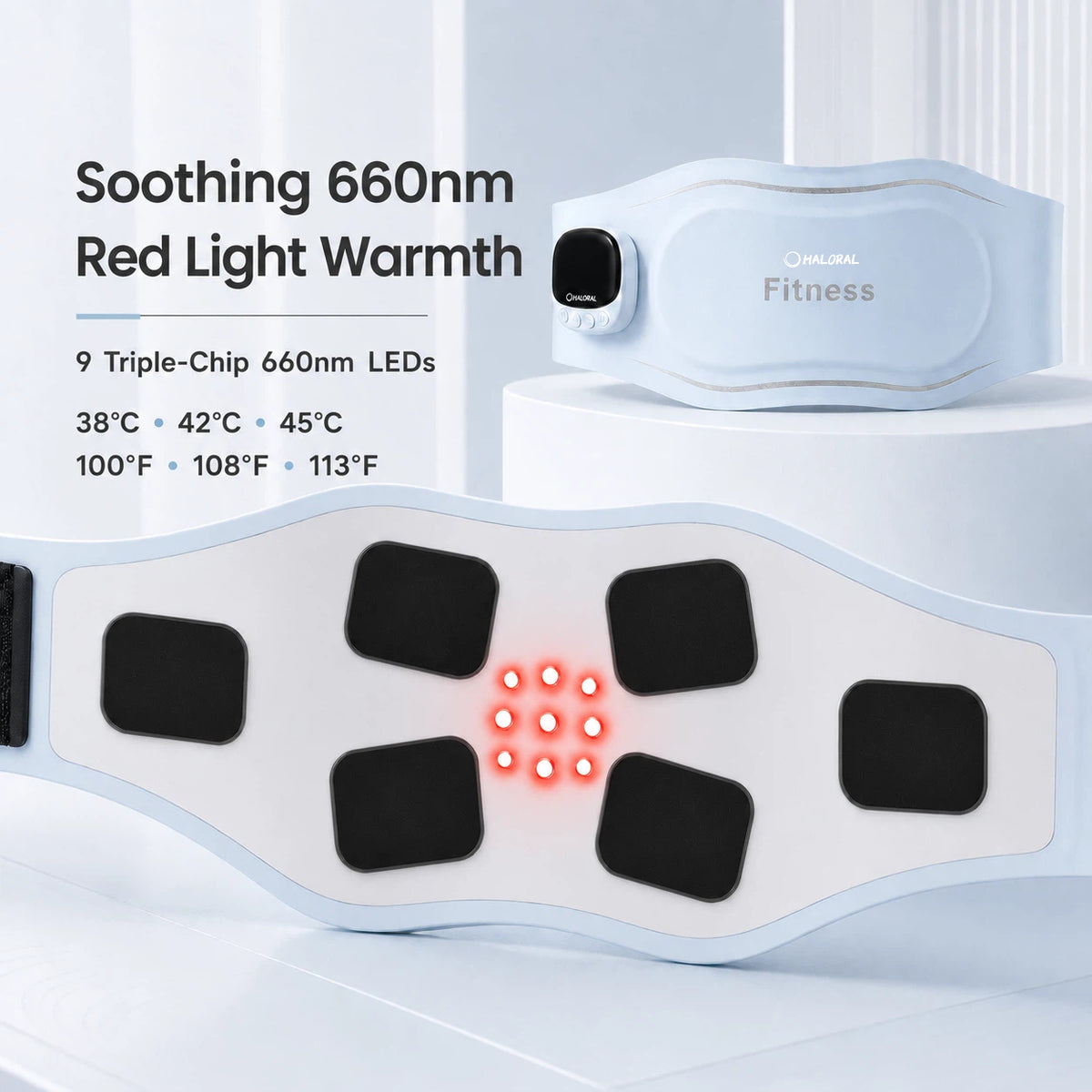 Haloral EMS Ab Toning Belt featuring 9 triple-chip 660 nm red light LEDs and three adjustable warmth levels from 38 to 45 degrees Celsius