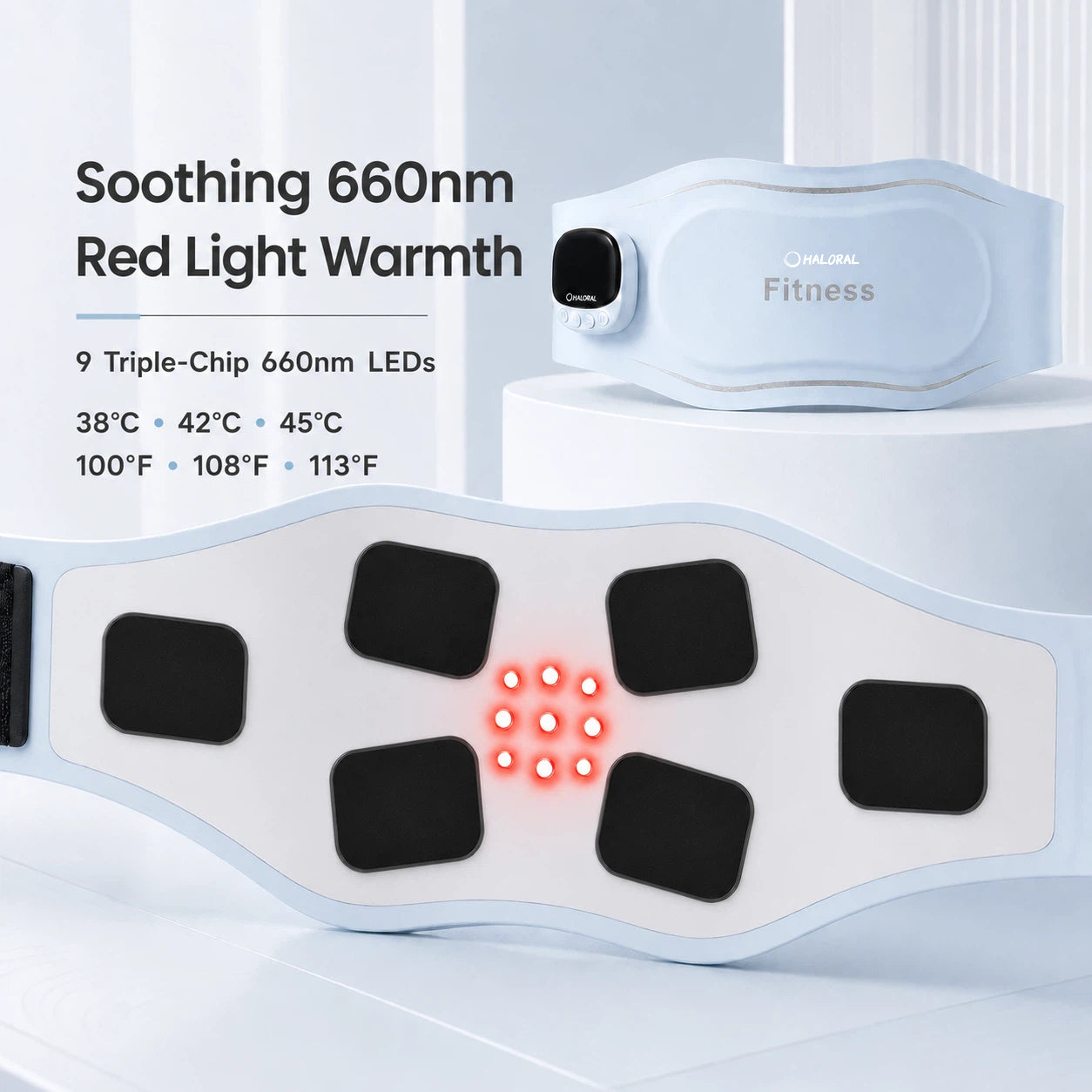 Haloral EMS Ab Toning Belt featuring 9 triple-chip 660 nm red light LEDs and three adjustable warmth levels from 38 to 45 degrees Celsius