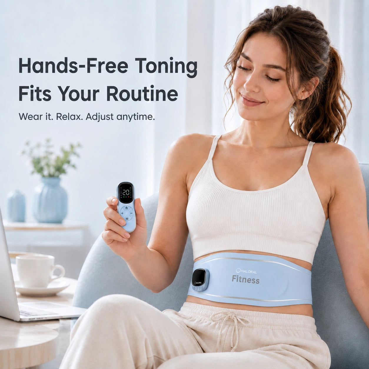 Woman wearing the Haloral EMS Ab Toning Belt and adjusting the hands-free core toning session with the wireless remote