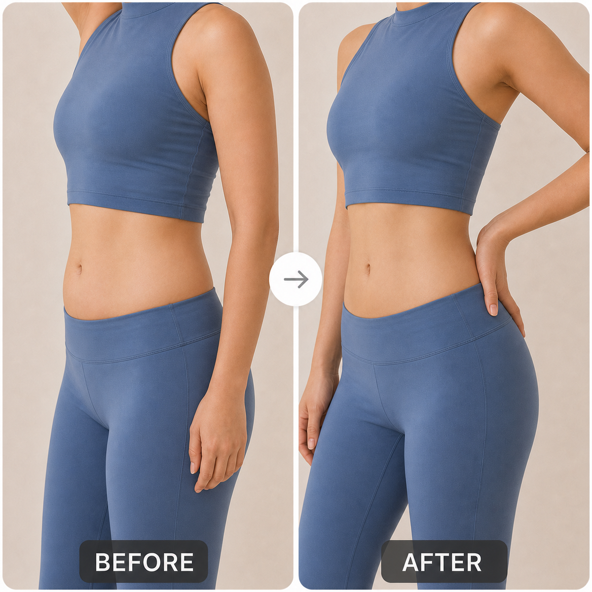 Illustrative before-and-after comparison showing a smoother and more defined-looking waistline as part of an abdominal toning routine