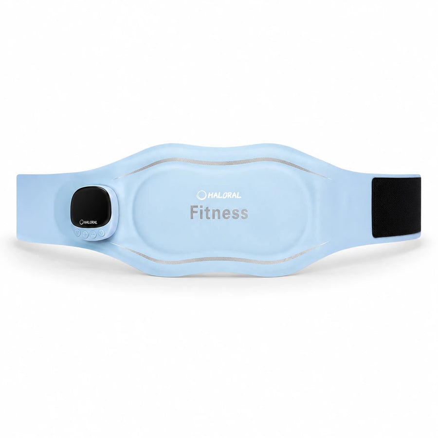 Haloral EMS Ab Toning Belt in light blue with rechargeable controller displayed on a white background
