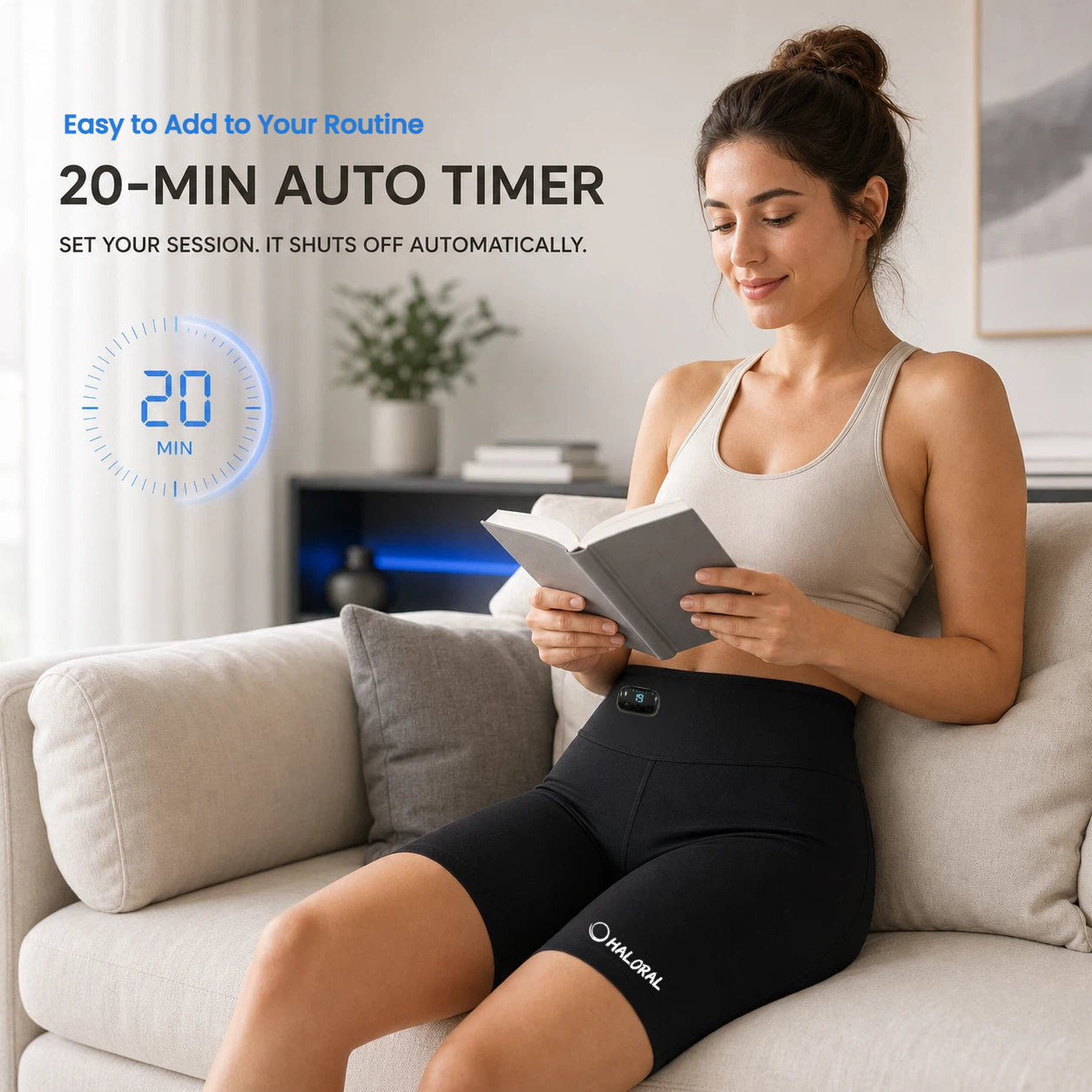 Woman relaxing at home while wearing Haloral EMS Toning Shorts with a convenient 20-minute automatic shut-off timer