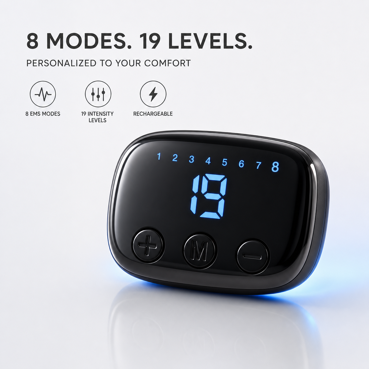 Rechargeable controller for Haloral EMS Toning Shorts featuring 8 EMS modes and 19 adjustable intensity levels