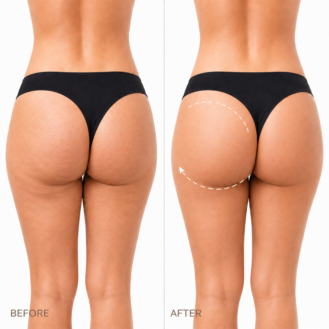 Illustrative before-and-after glute contour comparison for Haloral EMS Toning Shorts