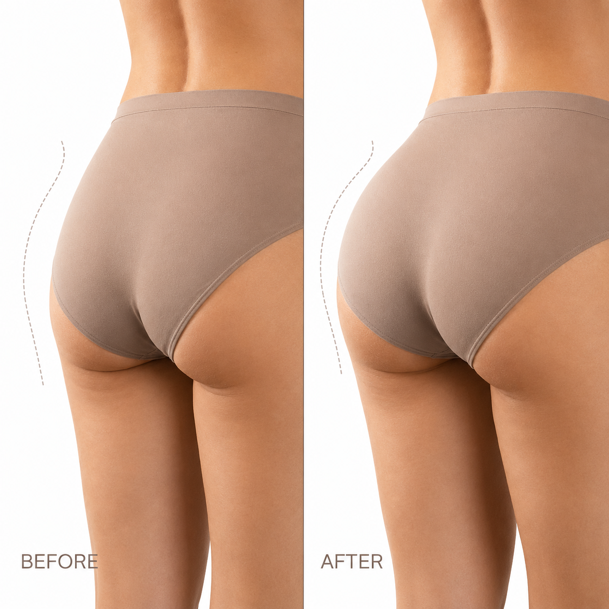 Illustrative side-view before-and-after comparison showing a firmer and more lifted glute contour