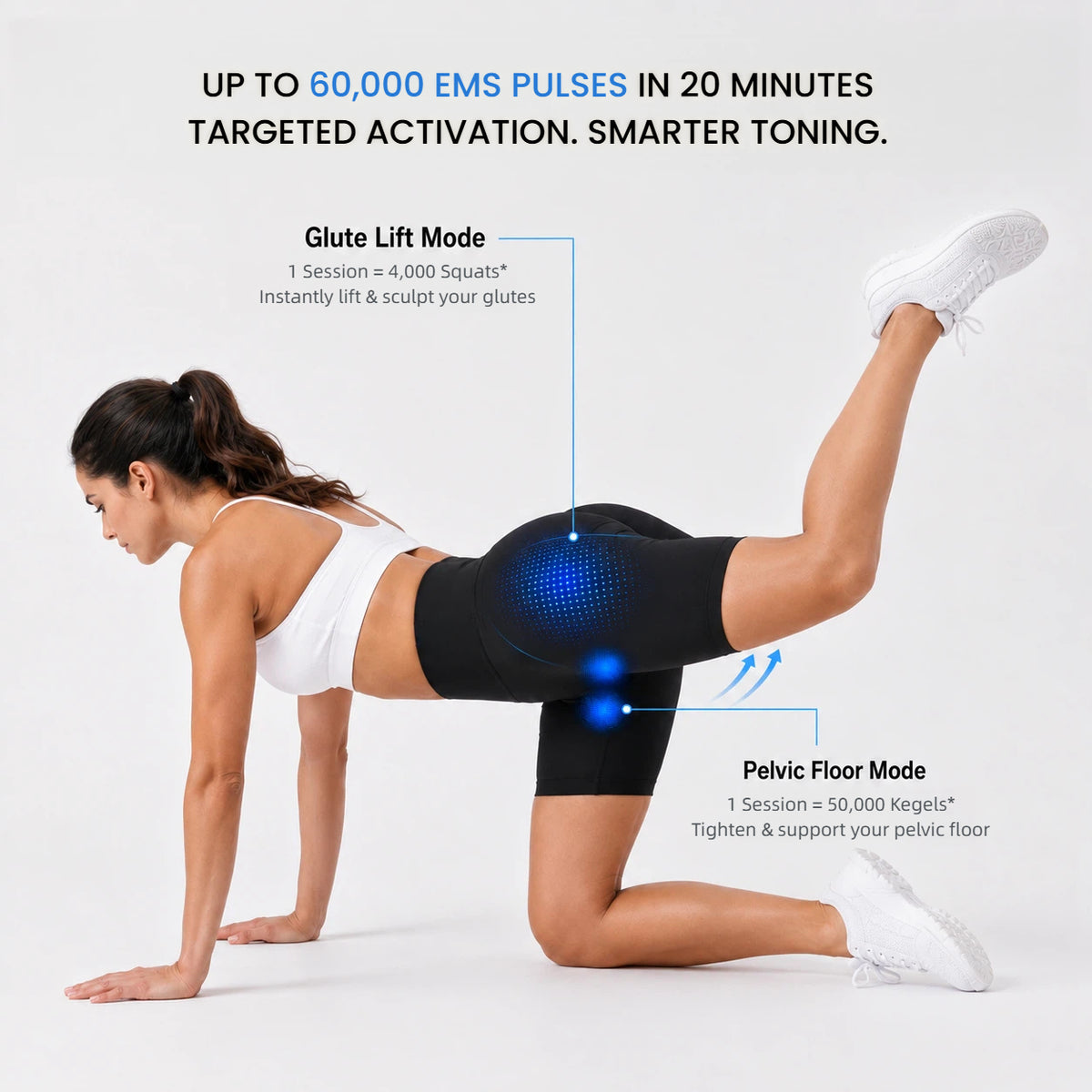 Woman wearing Haloral EMS Toning Shorts with targeted EMS activation zones for the glutes and pelvic floor muscles
