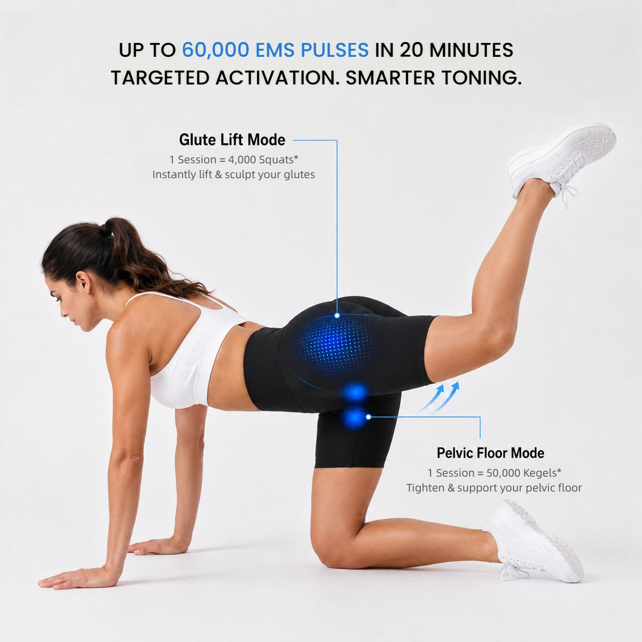 Woman wearing Haloral EMS Toning Shorts with targeted EMS activation zones for the glutes and pelvic floor muscles