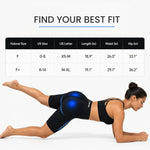 Haloral EMS Toning Shorts size guide with F and F+ measurements and a model wearing the shorts during a glute exercise