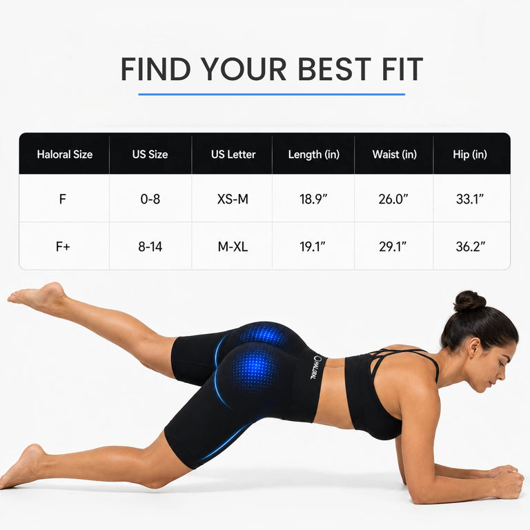 Haloral EMS Toning Shorts size guide with F and F+ measurements and a model wearing the shorts during a glute exercise