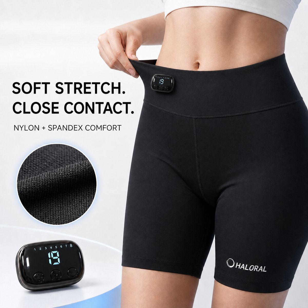 Close-up of Haloral EMS Toning Shorts made with soft stretch nylon and spandex for comfortable, close-to-skin contact.