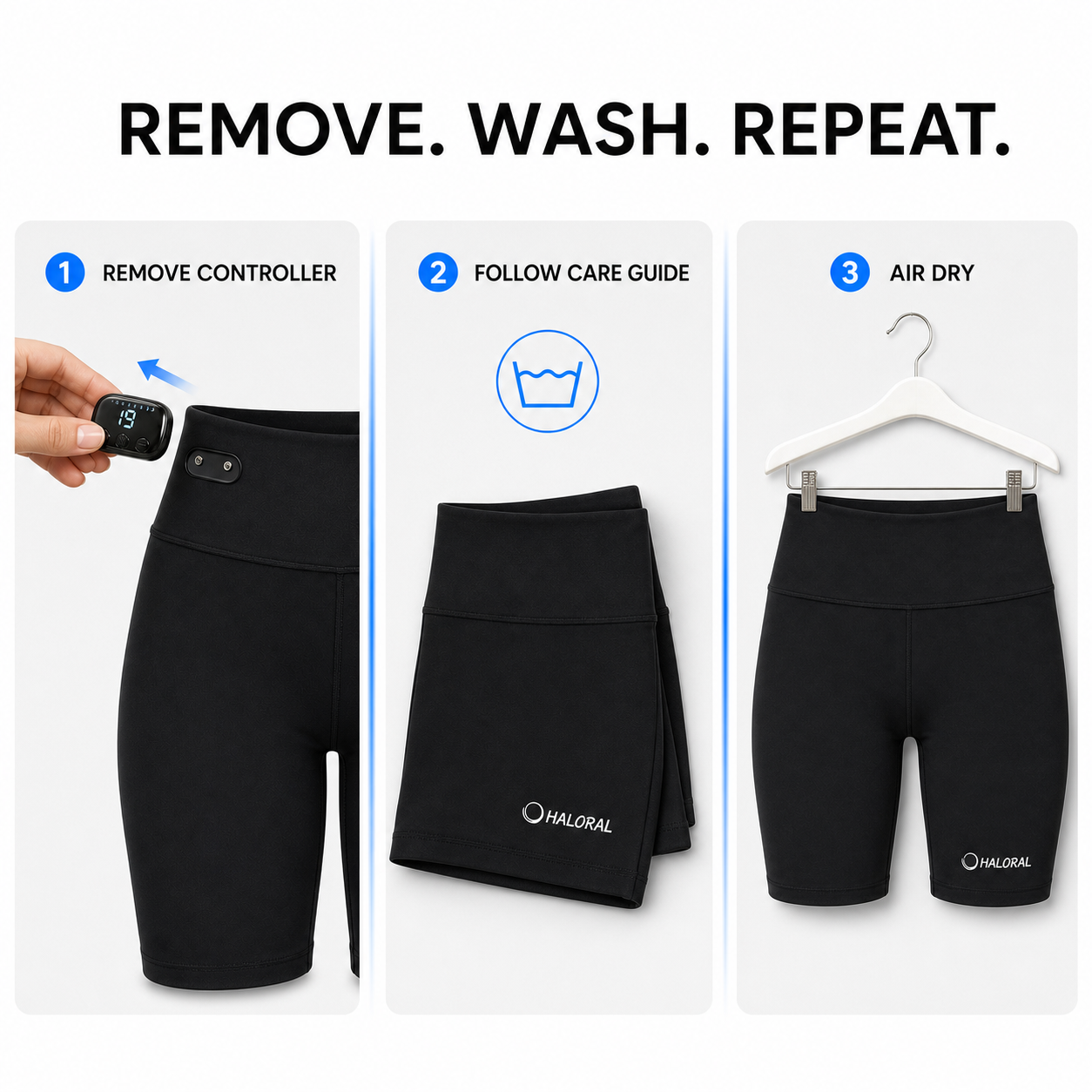 Haloral EMS Toning Shorts care instructions showing how to remove the controller, follow the wash guide and air dry.