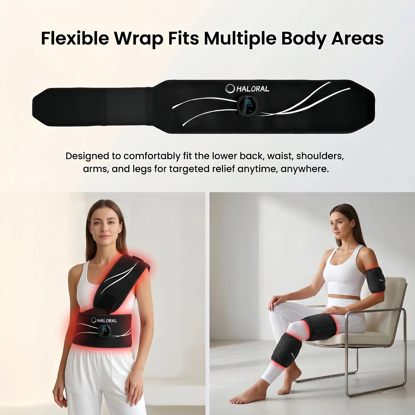 Flexible Haloral red light therapy wrap demonstrating versatile fit for lower back, shoulders, arms, and legs