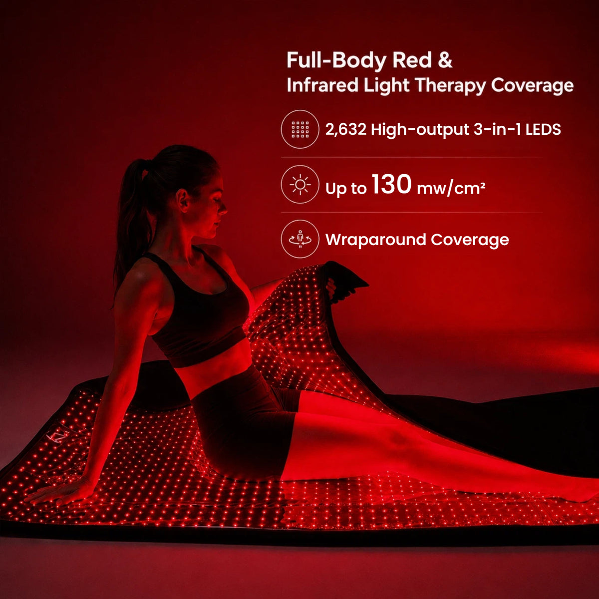 Woman using the Haloral Full Body Red and Infrared Light Therapy Bag with 2,632 high-output 3-in-1 LEDs, up to 130 mW/cm² irradiance and wraparound coverage.