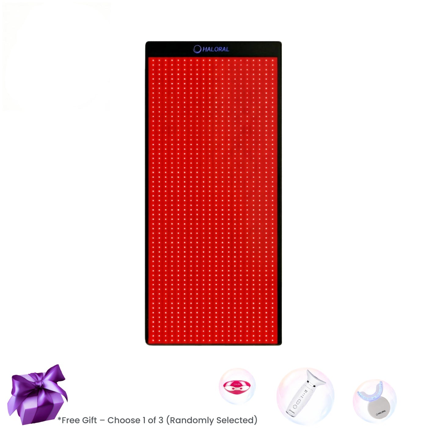 Haloral Full Body Red & Infrared Light Therapy Mat Pre-sale offer. Includes a randomly selected free gift: eye massager, facial device, or teeth whitening kit
