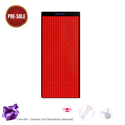 Haloral Full Body Red & Infrared Light Therapy Mat Pre-sale offer. Includes a randomly selected free gift: eye massager, facial device, or teeth whitening kit