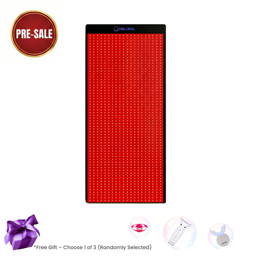 Haloral Full Body Red & Infrared Light Therapy Mat Pre-sale offer. Includes a randomly selected free gift: eye massager, facial device, or teeth whitening kit
