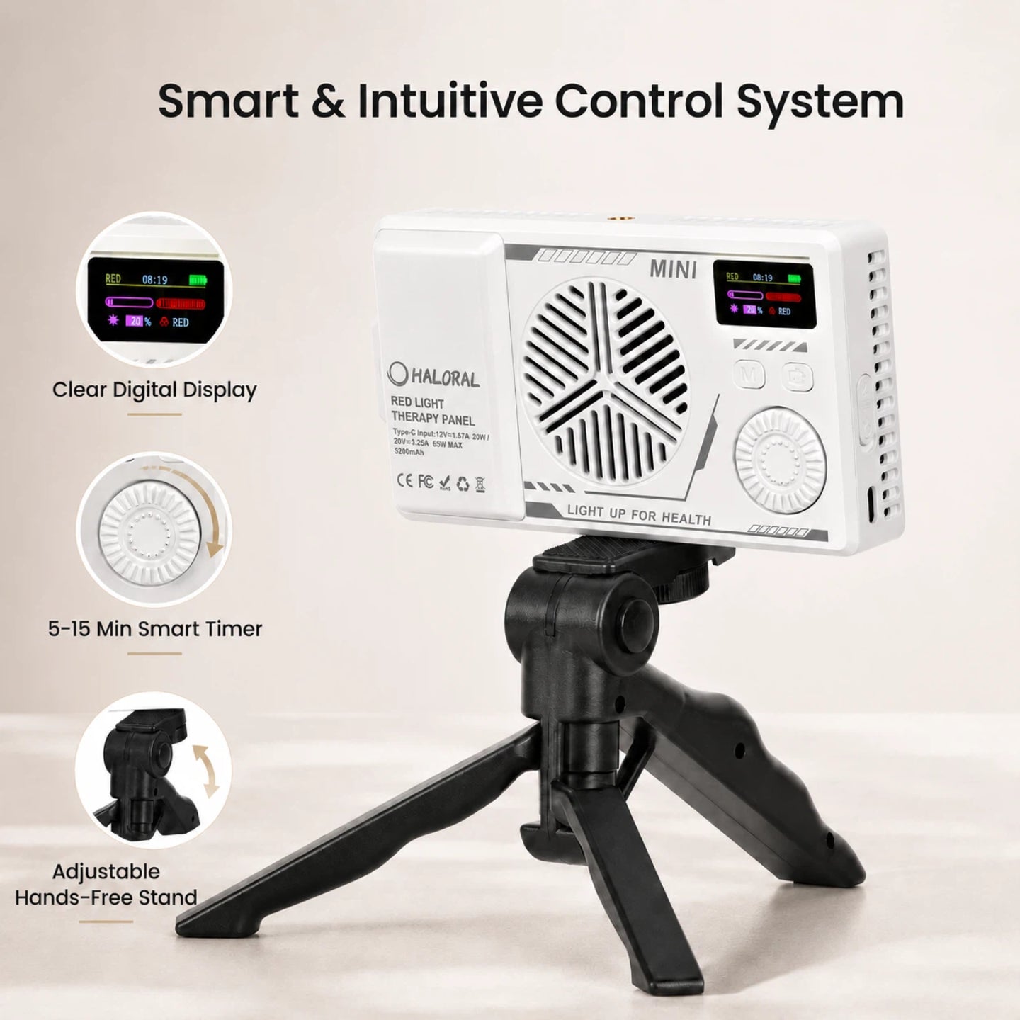 Haloral mini red light therapy panel with digital display, smart timer, and adjustable hands-free stand