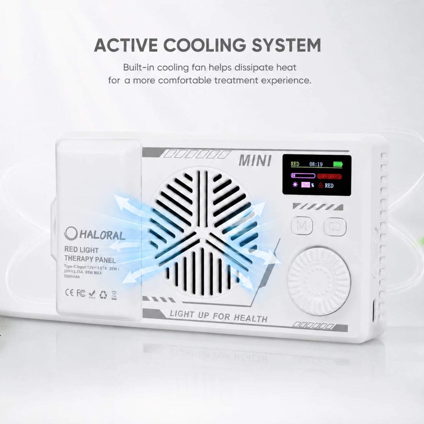 Haloral mini red light therapy panel with built-in active cooling fan for comfortable treatment sessions