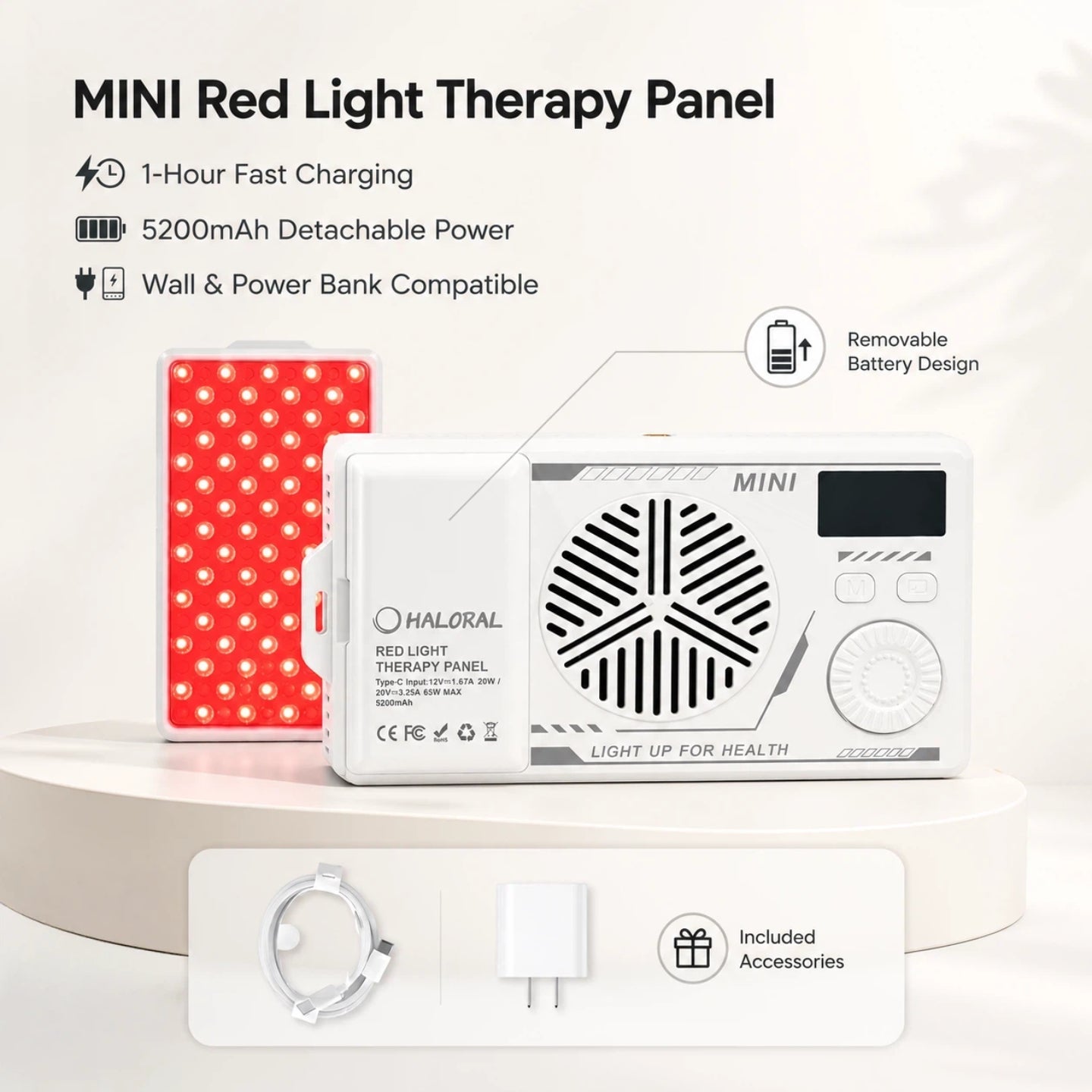 Haloral mini red light therapy panel with 1-hour fast charging, detachable battery, and included accessories