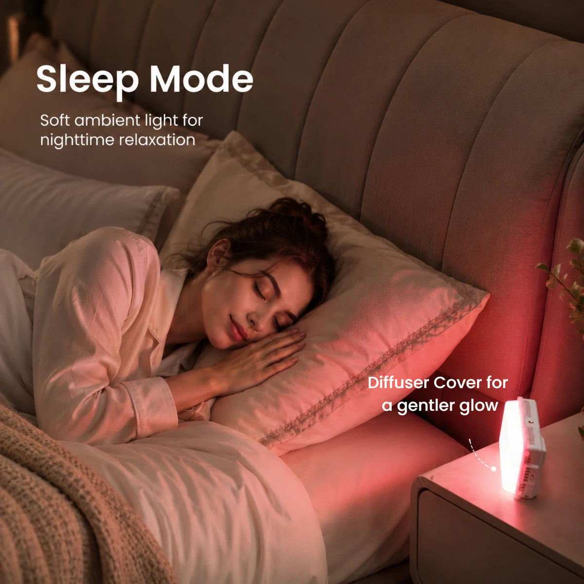 Haloral mini red light therapy panel in sleep mode with diffuser cover for a gentle nighttime glow