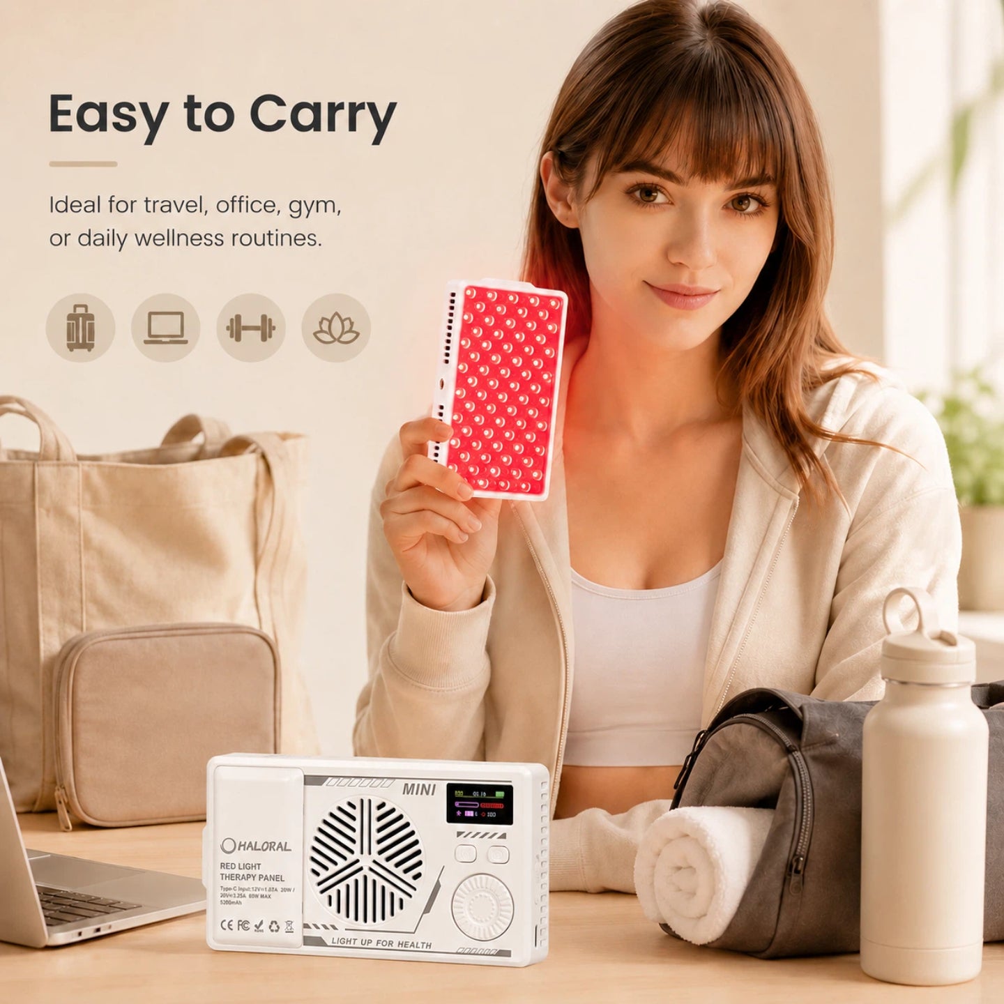 Haloral portable mini red light therapy panel for travel, office, gym, and daily wellness routines
