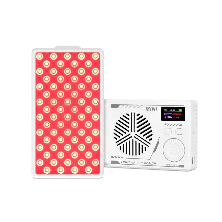 Haloral Portable Mini Red Light Therapy Panel with front LEDs, digital display, and cooling fan