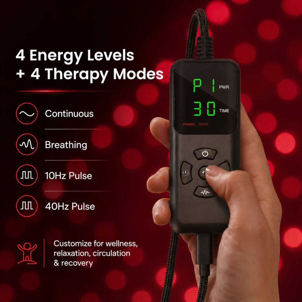 Haloral Red and Infrared Light Therapy Bag controller showing 4 energy levels, continuous mode, breathing mode, 10Hz pulse and 40Hz pulse for customized full-body light therapy sessions.