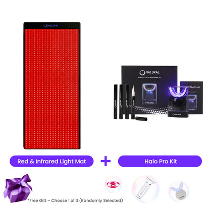 Exclusive wellness bundle including the Haloral red light therapy mat and Halo Pro LED wireless teeth whitening kit.