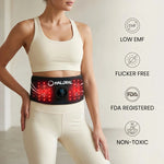 Woman wearing Haloral red light therapy belt highlighting low EMF, flicker-free, FDA registered, and non-toxic safety features