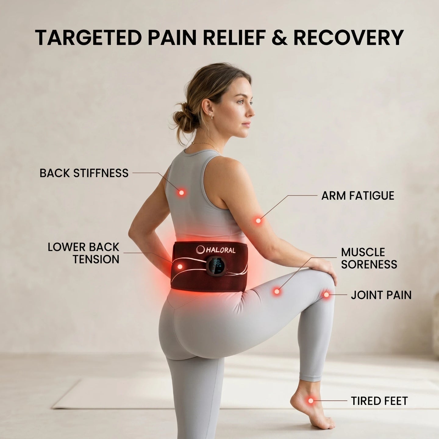 Woman using Haloral red light therapy belt for targeted back stiffness, joint pain, and full body muscle recovery