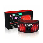 Haloral red and infrared light therapy belt with vibration massage displayed next to its premium product packaging box