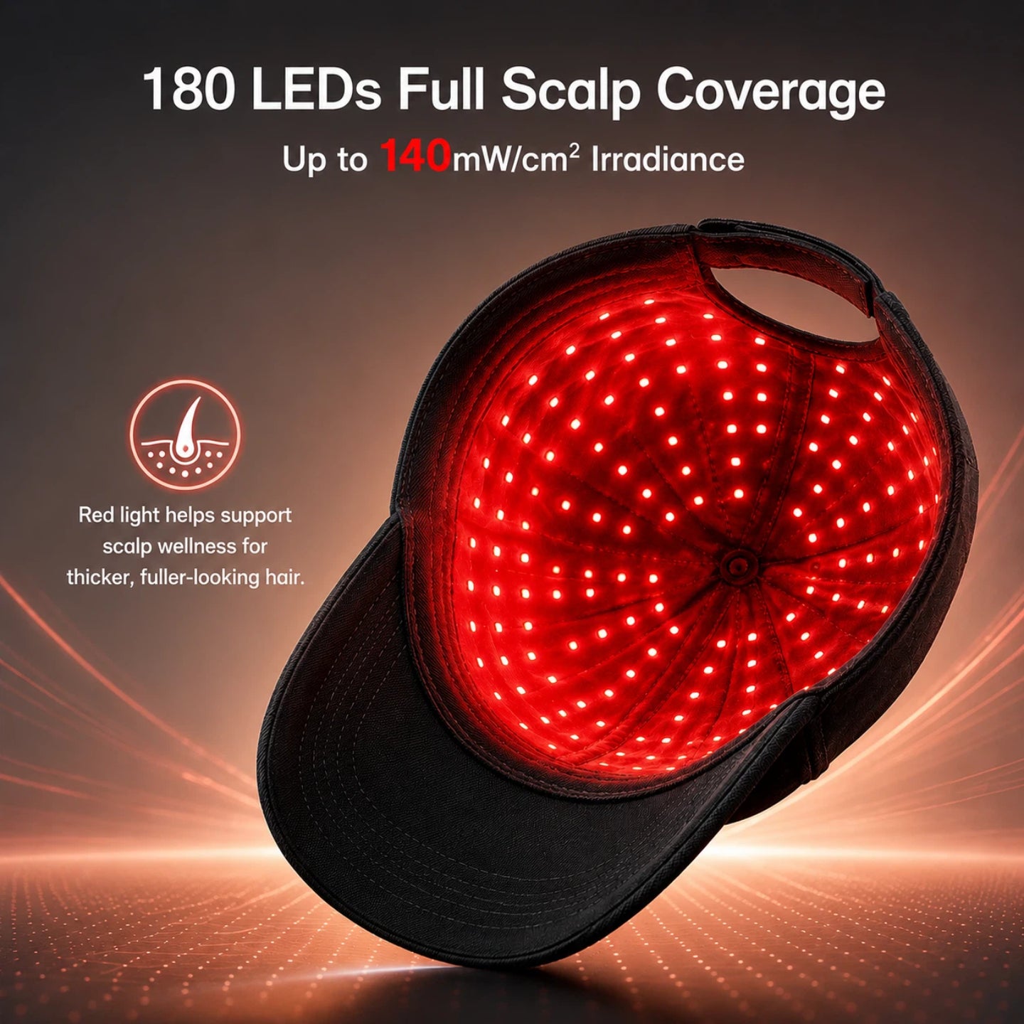 Haloral red light therapy cap with 180 LEDs for full scalp coverage and up to 140mW/cm² irradiance