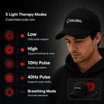 Man wearing Haloral red light therapy cap with 5 light therapy modes for customized scalp care