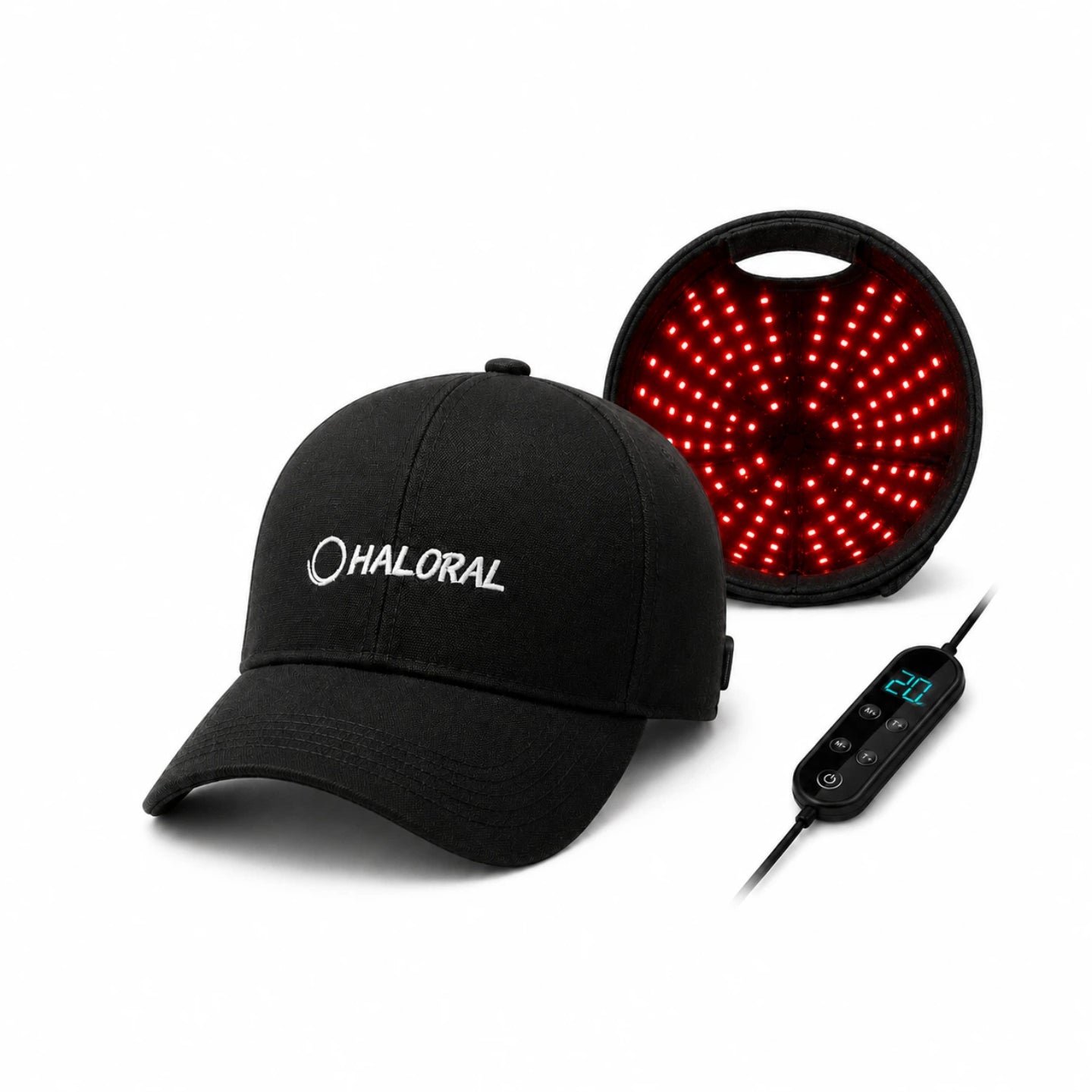 Haloral black red light therapy cap with LED scalp care lights and digital controller