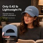 Woman wearing Haloral red light therapy cap with lightweight 0.42 lb design and adjustable Velcro fit