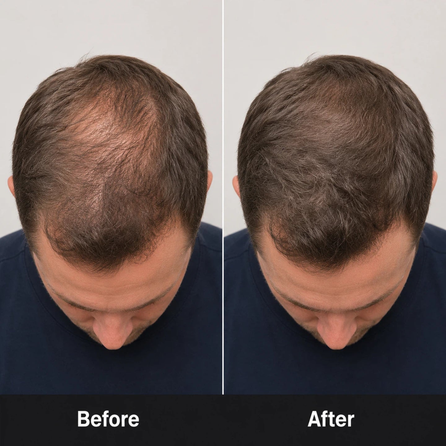 Before and after comparison showing fuller-looking crown hair results for men using red light therapy scalp care